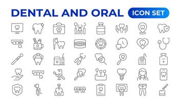 uppsättning av tandläkare ikoner. enkel linje konst stil ikoner packa. vektor illustration. dental element stroke piktogram och minimal tunn webb ikon uppsättning. översikt samling. illustration