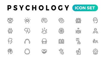 Psychologie, positiv Denken Linie Symbole Sammlung. Psychologie, Wohltätigkeit, Familie, Glücklich, Frieden Symbole. ui Symbol Satz. dünn Gliederung Symbole Pack vektor