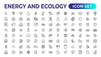 Energie und Ökologie Linie editierbar Symbole Satz. Vektor Illustration im modern dünn Linie Stil von Öko verbunden Symbole. Schutz, Planet Pflege, natürlich Recycling Leistung. Piktogramme und Infografiken.