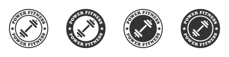 Leistung Fitness Logo. runden Aufkleber mit Hantel und Beschriftung. Vektor Illustration.