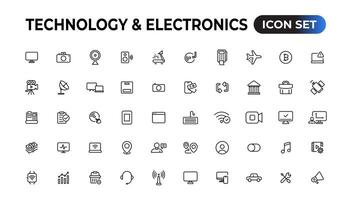 Technologie und Elektronik und Geräte Netz Symbole im Linie Stil. Gerät, Telefon, Laptop, Kommunikation, Smartphone, E-Commerce. Vektor Illustration.