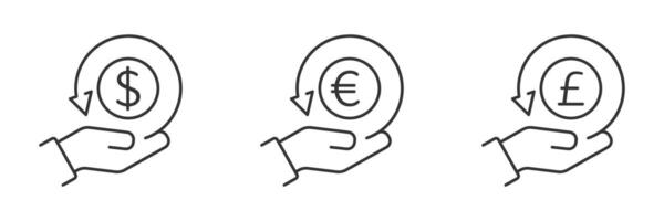 Cashback Symbole. Rückkehr Geld. Hand halt Münze. Dollar, Euro, Pfund Sterling Symbole. Geschäft Symbol. Vektor Illustration.