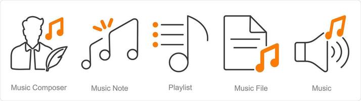 ein einstellen von 5 Musik- Symbole wie Musik- Komponist, Musik- Notiz, Wiedergabeliste vektor