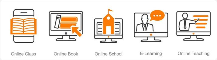 ein einstellen von 5 online Bildung Symbole wie online Klasse, online Buch, online Schule vektor