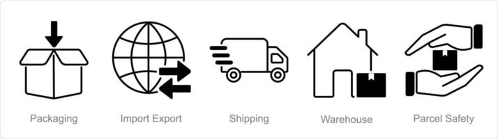 ein einstellen von 5 Logistik Symbole wie Verpackung, importieren Export, Versand vektor