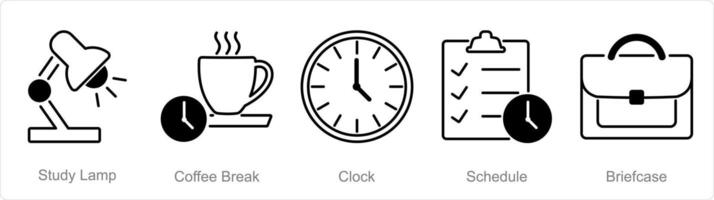 en uppsättning av 5 kontor ikoner som studie lampa, kaffe ha sönder, klocka vektor