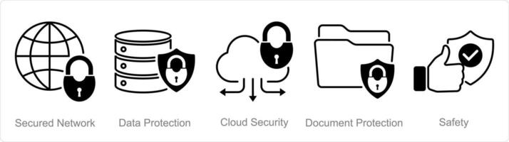 ein einstellen von 5 Sicherheit Symbole wie gesichert Netzwerk, Daten Schutz, Wolke Sicherheit vektor