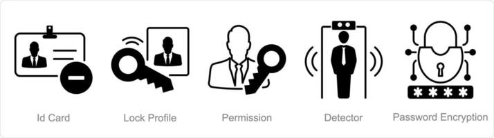 en uppsättning av 5 säkerhet ikoner som id kort, låsa profil, tillstånd vektor