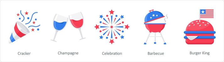 en uppsättning av 5 Amerika oberoende dag ikoner som kracker, champagne, firande vektor