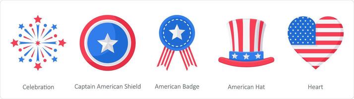 ein einstellen von 5 Amerika Unabhängigkeit Tag Symbole wie Feier, Bildbeschriftung amerikanisch Schild, amerikanisch Abzeichen vektor
