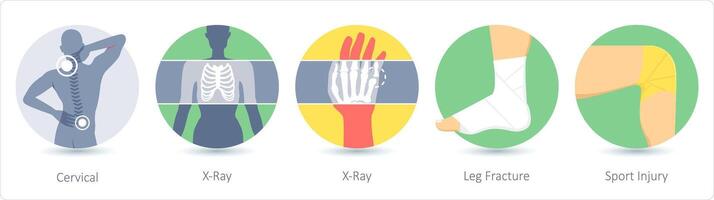 en uppsättning av 5 medicinsk ikoner som cervical, röntgen, ben fraktur vektor