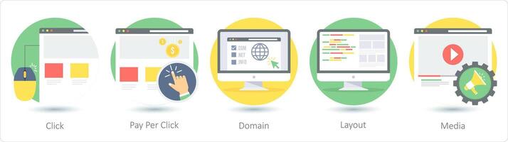 en uppsättning av 5 webb layout ikoner som klick, betala per klick, domän, layout vektor