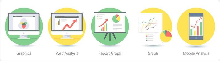 ein einstellen von 5 SEO Symbole wie Grafik, Netz Analyse, Bericht Graph vektor