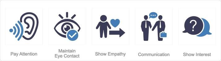 en uppsättning av 5 aktiva lyssnande ikoner som betala uppmärksamhet, upprätthålla öga Kontakt, visa empati vektor