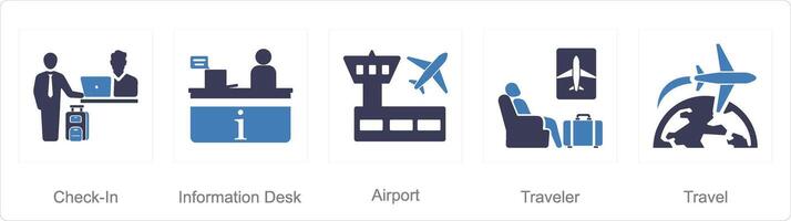 ein einstellen von 5 Flughafen Symbole wie prüfen In, Information Schreibtisch, Flughafen vektor