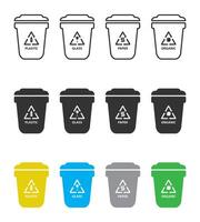 Müll anders Typen Symbole. Abfall Trennung. trennen umweltfreundlich Abfall Mülleimer. anders Farben und Recycling Zeichen, Glas, Papier, organisch, Plastik Symbol. Vektor Illustration.