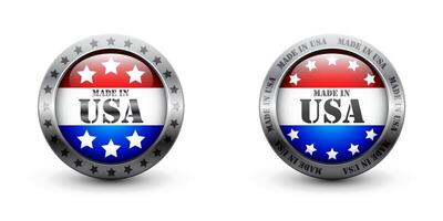 tillverkad i USA glansig knapp. auktoriserad USA produkt logotyp. silver- bricka med flagga och text. platt vektor illustration.