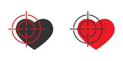 Herz beim das mit vorgehaltener Waffe Symbol. Feuerstelle mit Fadenkreuz Symbol. Ziel Symbol mit Herz unterzeichnen. Vektor Illustration.