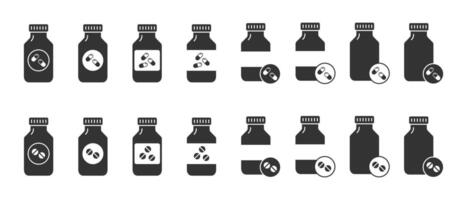 Pille Flasche Symbol Satz. Medizin Symbol. Kapsel und Tablette Symbole. eben Vektor Illustration.