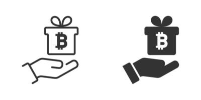 Spende Symbol. Bitcoin unterzeichnen. Geschenk Box auf ein Hand. Vektor Illustration.