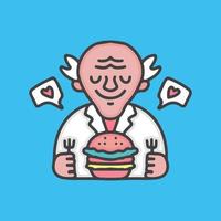 Old Man Professor mit Burger-Cartoon, Illustration für Aufkleber und T-Shirt. vektor