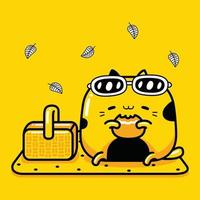 süßes Katzenmaskottchen-Charakter-Picknick im flachen Cartoon-Stil