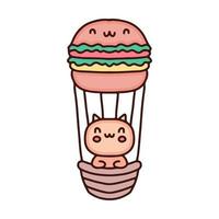 süße Katze im Burger-Heißluftballon-Cartoon, Illustration für Aufkleber und T-Shirt. vektor
