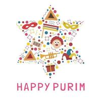Purim-Ferienwohnungsdesign-Ikonen in Davidsternform mit Text in englischer Sprache vektor