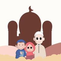 Charakter süß Ramadhan Konzept Illustration glücklich Muslim feiern heilig Monat Ramadhan Moschee Sillhouette Vektor Illustration