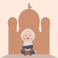 karaktär söt Ramadhan begrepp illustration Lycklig muslim familj fira helig månad Ramadhan moské sillhouette vektor illustration