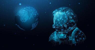 Drahtmodell Astronaut im Raum Galaxis schließen hoch. futuristisch polygonal Kosmonaut Helm, Raum Tourismus Konzept. sternenklar abstrakt Hintergrund mit glühend Mensch. Vektor Illustration.