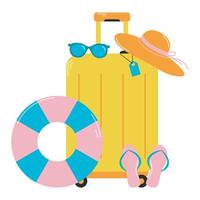 en uppsättning av sommar saker, en resväska, ett uppblåsbar ringa, en panama hatt och strand tofflor, en ljus vektor kort för hav högtider och resa, sommar ClipArt
