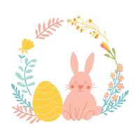 Ostern Karte mit süß Hase, Ei und Blumen Kranz. vektor