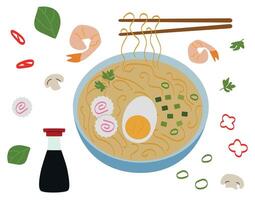 skål av Ramen, vektor illustration av asiatisk nudel soppa med buljong, utsökt etnisk maträtt med kokt ägg, räka och svamp, utsökt spaghetti, koreanska och kinesisk kök, isolerat