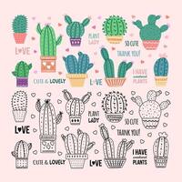ritad för hand vektor kaktusar uppsättning med kalligrafi, text. översikt klotter och platt färgad grafisk design av taggig växter, blomning kaktusar, saftig växter i färgrik keramisk krukor. Hem växter