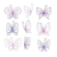 Schmetterlinge sind Rosa, Blau, lila, fliegend, zart Linie Kunst, Clip Kunst. Grafik Illustration Hand gezeichnet im Rosa, lila Tinte. einstellen von isoliert Objekte eps Vektor. vektor