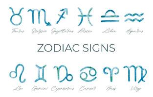 samling av vattenfärg astrologi tecken. uppsättning av hand dragen vattenfärg borsta zodiaken tecken. vektor