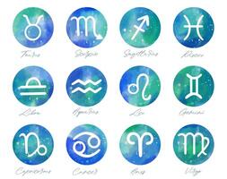 einstellen von Hand gezeichnet Aquarell Bürste Tierkreis Zeichen. Sammlung von Aquarell Astrologie Zeichen. vektor