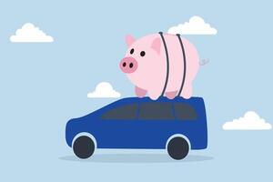 Speichern Geld zu Kaufen Neu Auto, groß Rosa Schweinchen Bank Brieftasche auf das Dach von das Wagen. vektor
