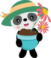 söt panda innehav en vas med blommor vektor