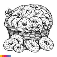 Bäckerei Korb. Bäckerei Essen Hand gezeichnet Linie Kunst Illustration zum das Färbung Buch. Essen Linie Kunst zum ein Färbung Buchseite. Jahrgang skizzieren Vektor Grafik.