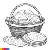 Bäckerei Korb. Bäckerei Essen Hand gezeichnet Linie Kunst Illustration zum das Färbung Buch. Essen Linie Kunst zum ein Färbung Buchseite. Jahrgang skizzieren Vektor Grafik.