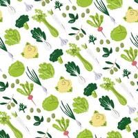 selleri och blomkål sömlös mönster design. broccoli och många grönsaker bakgrund isolerat på vit. diagonal omslag papper skriva ut design. kål familj hand dragen platt vektor illustration