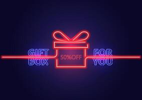 en neon gåva låda med försäljning 50 procent av erbjudande baner vektor