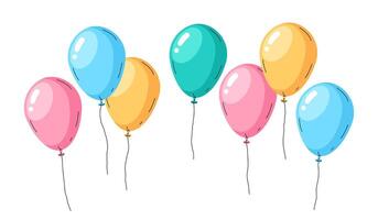 färgrik helium ballonger. glansig flytande ballonger, flygande luft ballonger festlig dekorationer platt vektor illustration. Lycklig födelsedag firande dekor
