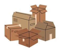 lådor stack. hand dragen kartong staplade frakt lådor, paket lugg, lager låda lugg platt vektor illustration. rör på sig eller leverans begrepp