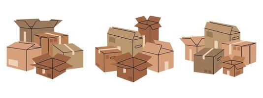 hand dragen staplade lådor. kartong paket lugg, frakt lådor stack, lager låda lugg platt vektor illustration uppsättning. leverans eller rör på sig eller begrepp