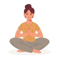 kvinna Sammanträde i yoga lotus utgör. meditation kvinna karaktär, påfrestning lättnad och meditation platt vektor illustration. lugn mänsklig meditation