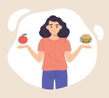 flicka välja mellan friska och ohälsosam mat. bantning och friska äter eller skräp mat jämförelse platt vektor begrepp illustration. omtänksam kvinna tecknad serie karaktär
