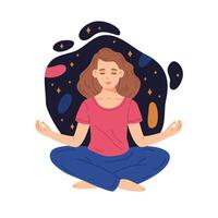 ziemlich meditieren Mädchen. Gekritzel Charakter meditieren im Yoga Lotus Pose, Ruhe, Ruhe und Meditation Konzept. Karikatur beruhigt meditieren Frau eben Vektor Illustration